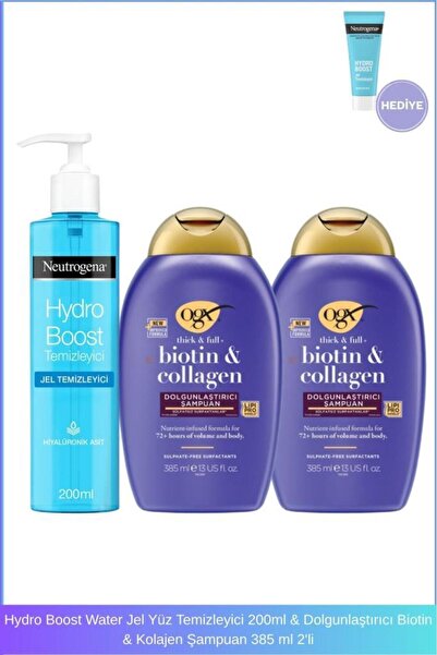 OGX Hydro Boost Water Jel Yüz Temizleyici 200ml & Dolgunlaştırıcı Biotin & Kolajen Şampuan 385 ml 2'li