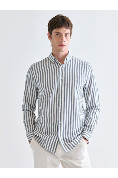 LC Waikiki SOUTHBLUE Regular Fit Çizgili Keten Görünümlü Erkek Gömlek