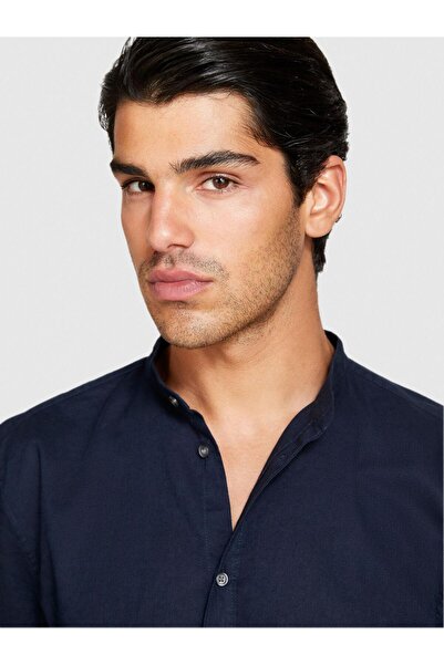 Sisley Ανδρικό πουκάμισο από λινό βαμβακερό μείγμα με κολάρο δικαστής κανονική εφαρμογή 324P59A2SQ03J-SIS06U