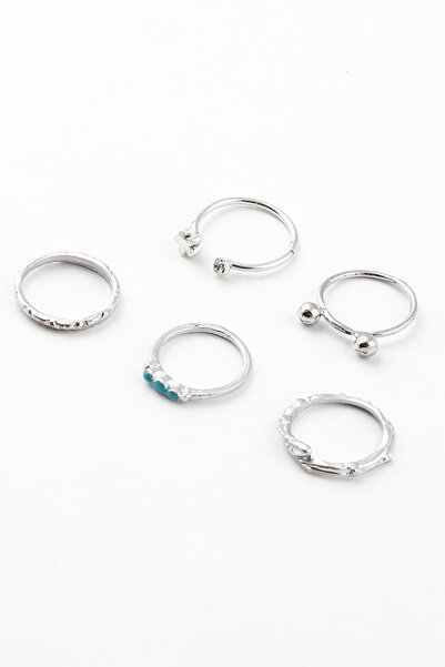 Sortie Aksesuar مجموعة خواتم مكونة من 5 قطع مع أشكال أوراق الزهور والحجر الأزرق