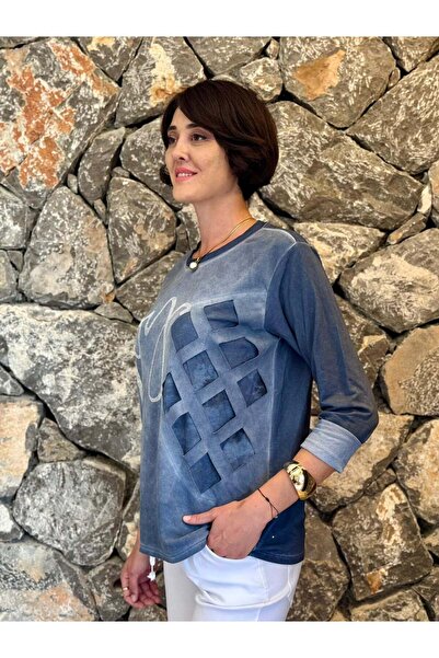 Punta Otantik NC58377 Hanorac italian cu gât rotund, cu litere Joy, albastru