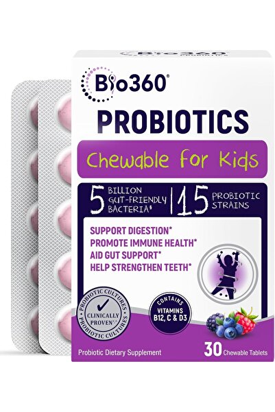 Bio360 مكمل بروبيوتيك للأطفال، 15 سلالة، 5 مليارات وحدة تشكيل مستعمرة، ألياف ...