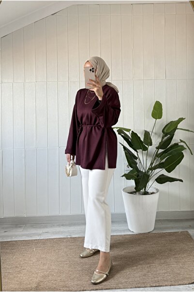 Mira İpek Slit Soft Double Face Fabric Tunic Drawstring Tunic Shawl with Gift
