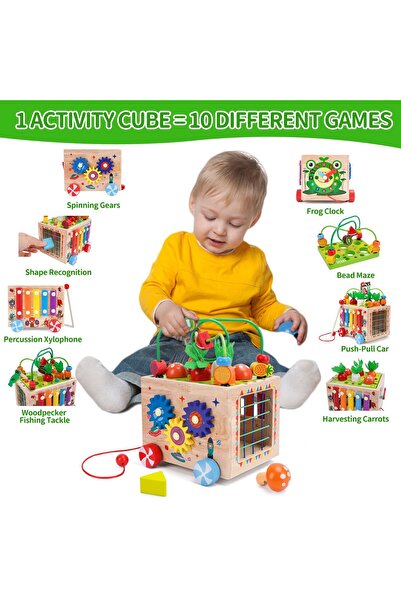 OEM Montessori Activity Cube 9-in-1 - Fishing, Xylophone, Fruit Sorting Wooden Toy