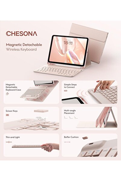 CHESONA Keyboard Case for iPad 11th (A16) & 10th Gen, Detachable Wireless Keyboard - Pale Pink