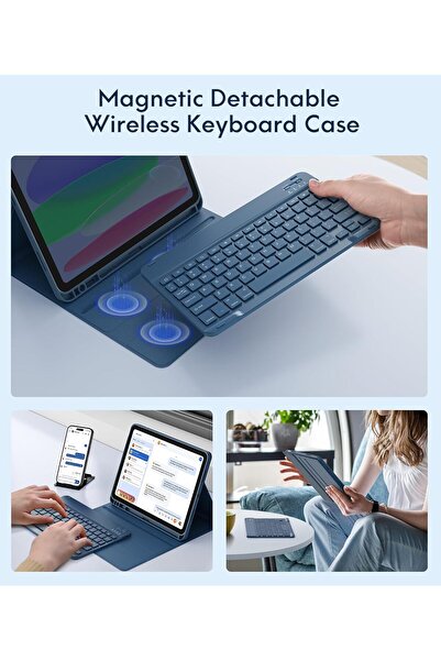CHESONA Keyboard Case for iPad (A16) 11th & 10th Gen – Detachable Wireless Keyboard, Steel Blue
