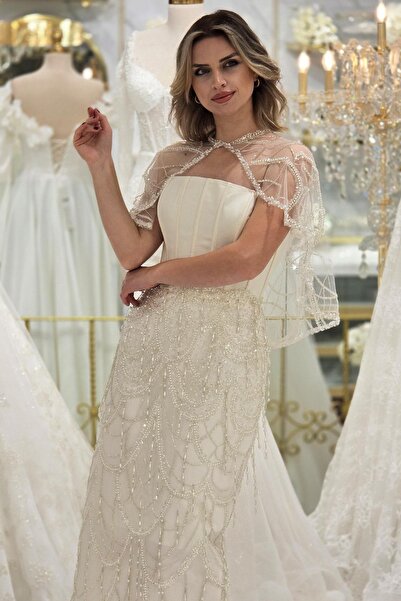 Yonca Moda Evi Ekru Pelerinli Özel Tasarım Elbise 7957