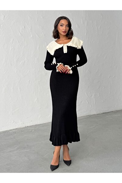 BEJNA Γυναικείο μαύρο μακρύ πλεκτό φόρεμα με πέρλες και κουμπιά με βολάν