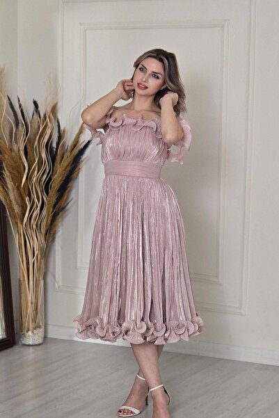 Yonca Moda Evi Pudra Büzgülü Kemerli Midi Boy Abiye 6062