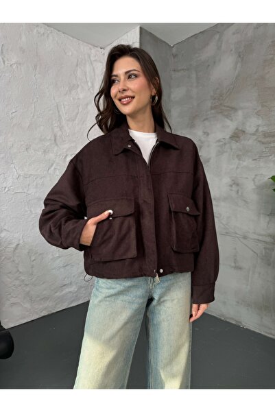 Elif Özbey Butik Горчиво кафе Джобно детайлно суедно яке