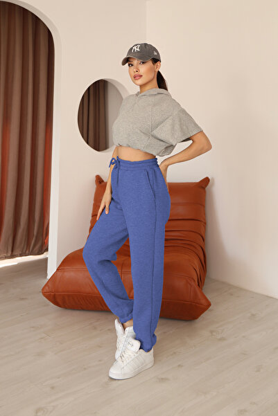 MOVİMENT Kadın Mavi Relaxed Kalıp Paça ve Bel Lastik Detaylı Eşofman Altı