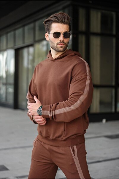 Madmext Acı Kahverengi Kanguru Cep Kapüşonlu Erkek Eşofman Takımı E7336