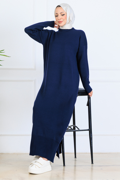 benguen Slit Detailed Knitwear Dress S510 Navy Blue