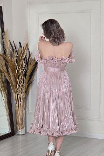 Yonca Moda Evi Pudra Büzgülü Kemerli Midi Boy Abiye 6062