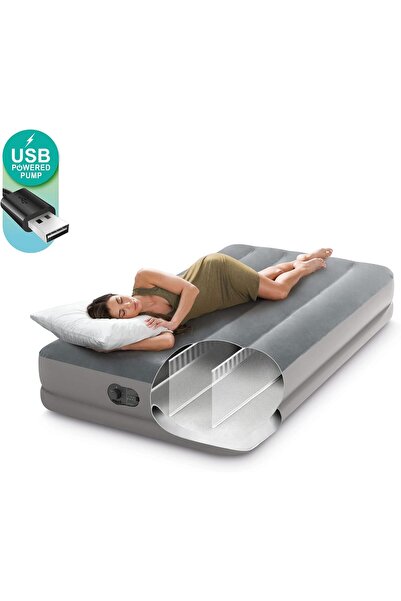 RADIOTRONICS INTEX 64112E Dura-Beam Standard Prestige Air Mattress - Twin, Built-in USB Pump, 12in, Grey
