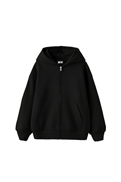 Sokak Butik Fermuarlı Basic Kapüşonlu Unisex Siyah Sweatshirt