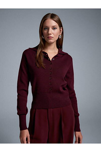 Dilvin 10816 Pulover din tricot cu nasturi din amestec de lână-Burgundy M.