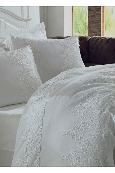 KÜBRAHOME'S طقم غطاء لحاف من الساتان القطني المزخرف من دورو - أبيض