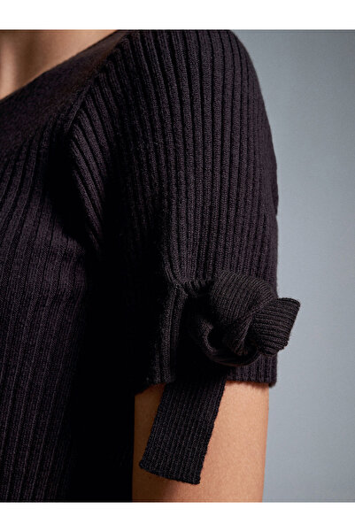 Dilvin 10828 Corded Short Sleeve Sweater-Dark Brown