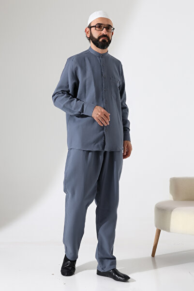 ihvan online Men's Muslin Hakim Collar Shirt with Pockets and Pants Two-Piece Set, Hajj Umrah Outfit - Smoked (Ans)
