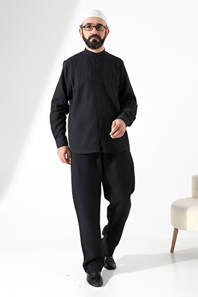 ihvan online Men's Muslin Hakim Collar Shirt with Pockets and Pants Two-Piece Set, Hajj Umrah Outfit - Black (Ans)
