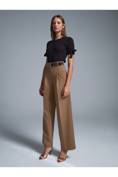 Dilvin 72200 Kemerli Çizgili Pantolon-Camel