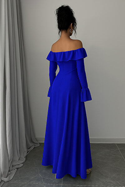 Deafox Saks Blue Madonna Collar Ruffle Detail Long Sleeve Crepe Fabric Dress