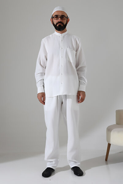 ihvan online Men's Muslin Hakim Collar Shirt with Pockets and Pants Two-Piece Set, Hajj Umrah Outfit - White (Ans)