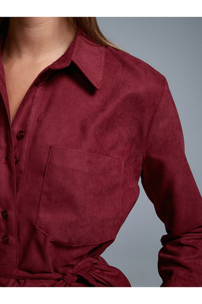 Dilvin 50518 Belted Suede Shirt-Burgundy