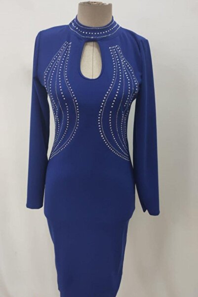 Mossta ψηλός λαιμός Μίντι βραδινό φόρεμα με λεπτομέρεια από πέτρα - μπλε κοβαλτίου