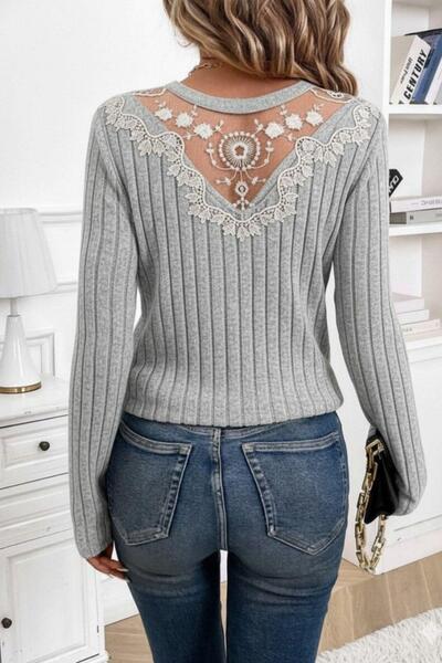 Mossta V-Neck Lace Detail Back Ruched Camisole Blouse - Gray