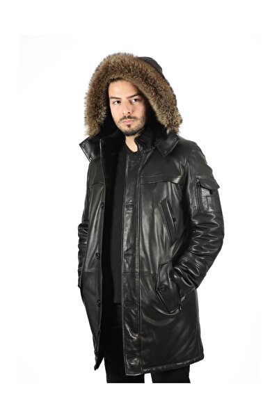 vivamood Saul Erkek Yün İçlikli Jumbo Baskılı Deri Kaban-L