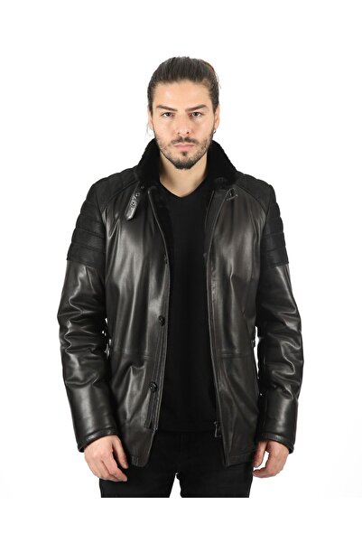 vivamood Michael Erkek Yün İçlikli Jumbo Baskılı Deri Kaban-XS