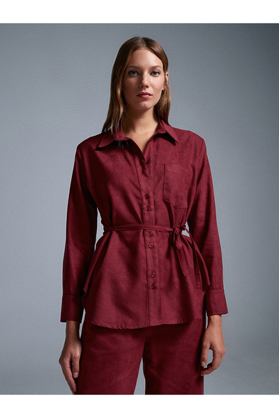 Dilvin 50518 Belted Suede Shirt-Burgundy