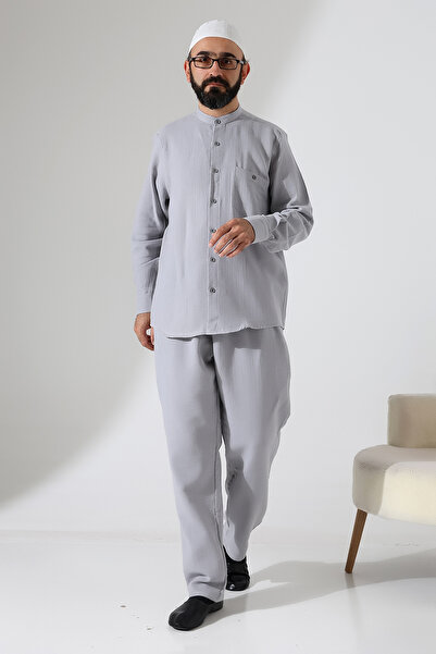 ihvan online Men's Muslin Hakim Collar Shirt with Pockets and Pants Two-Piece Set, Hajj Umrah Outfit - Gray (Ans)