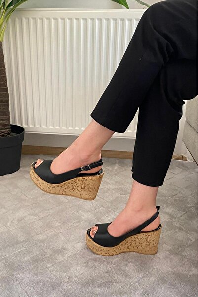 asmi shoes Women's Fenni 10 cm Wedge Heeled Cork Sole Shoes Black
