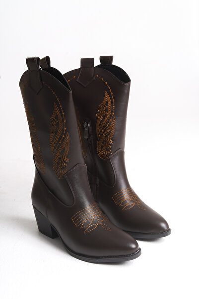 Bak Store Bitter Chocolate Brown Zippered Embroidered Western Cowboy Women's Boots