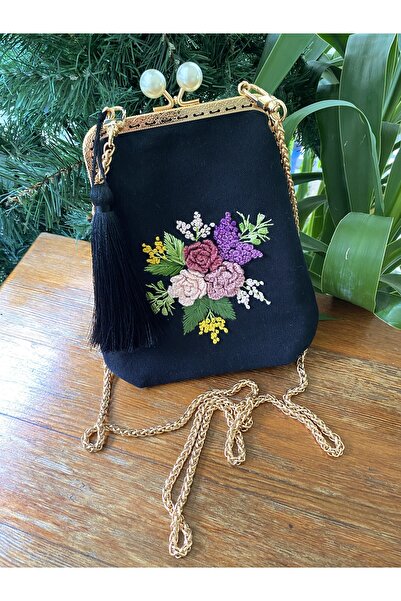 Home 18X18 Inches Black Linen Fabric Hand Embroidered Rococo Pattern Vintage Style Bag. 100% Handmade