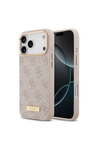 Guess iPhone 17 Pro Max Uyumlu Kılıf Lisanslı M-safeli 4G Desenli PU Metal Plaka Klasik Logolu Pembe