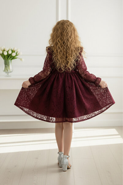 ABİYEKİDS Bordo Renk Dantelli Midi Boy Çocuk Abiye ABY239