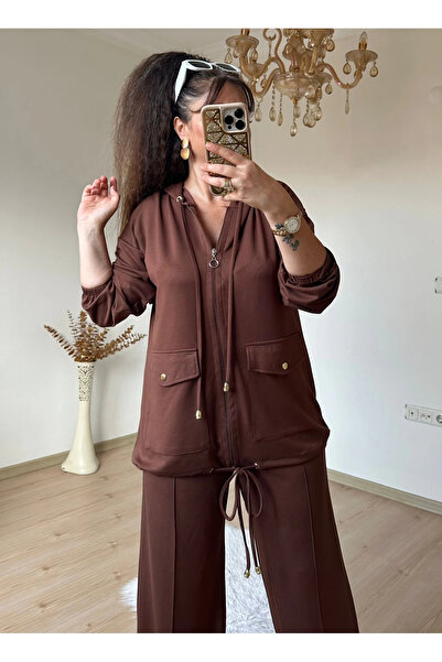 AZRA BUTİK Zippered Sports Set Brown