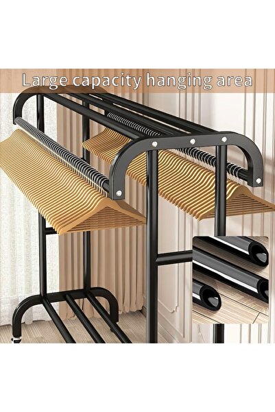 EMATTERIO Double Clothes Rack with Shoe Rack and Top Space, 150x109x50cm, 70kg Resistance, Black