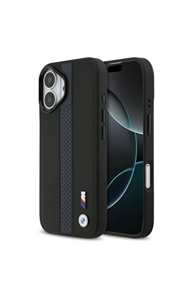 BMW iPhone 17 Uyumlu Kılıf Lisanslı M-safeli Deri Metal Logolu Delikli Şerit Tasarım Kapak Mavi