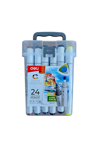 Deli Set of 24 sketching markers, double-tip (round 1 mm / chisel 7 mm), plastic case, Color Emotion