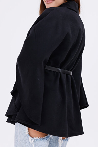 Firststops Women's Black Tok Duruşlu Plush Poncho – Warm Clothing with Waist Detail