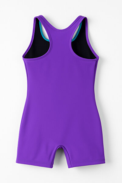 My-o Girl's Color Block Swimsuit with Shorts – Purple Blue Pink |   Flexible Lycra Swimming Swimsuit