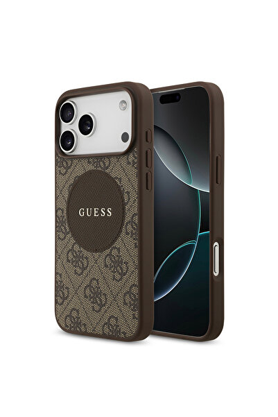 Guess iPhone 17 Pro Max Uyumlu Kılıf Lisanslı M-safeli Yazı Logolu Circle Classic Kapak Kahverengi
