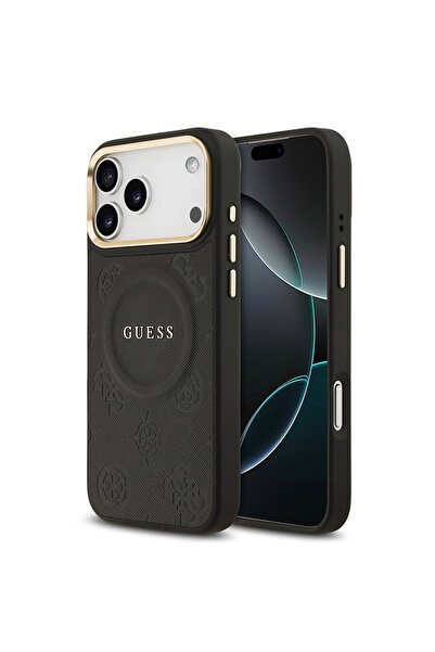 Guess iPhone 17 Pro Max Uyumlu Kılıf Lisanslı M-safeli Sıcak Baskılı Yazı Logolu PU Deri Peony Siyah
