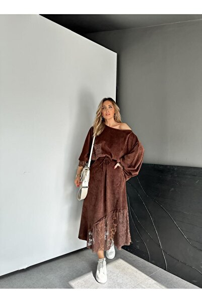 Zerrincan Giyim Kahve Kadife Dantel Parçalı Takım