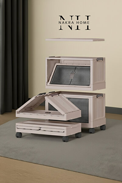 NAKRA HOME 2'li Katlanır Portatif Tekerlekli Organizer Dolap – Çok Amaçlı Mıknatıslı Kapaklı “Pudra Pembe”